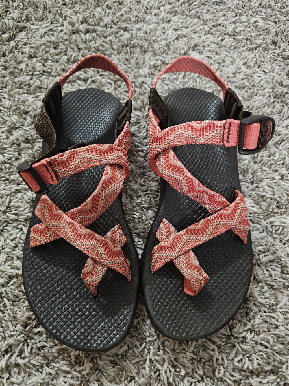 Chaco Z2 Classic Coral Zigzag Strap Sport Sandals with Brown Footbed